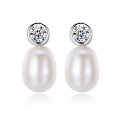 Wholesale Vintage Style 8-9mm Freshwater Pearl Stud Earring With Square Shaped AAA CZ Crystal silver Jewelry For Women