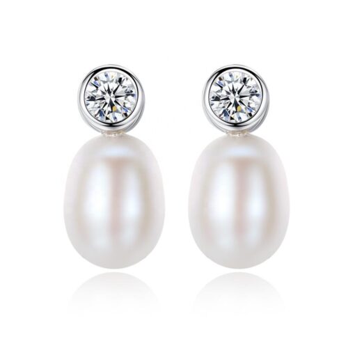 Wholesale Vintage Style 8-9mm Freshwater Pearl Stud Earring With Square Shaped AAA CZ Crystal silver Jewelry For Women