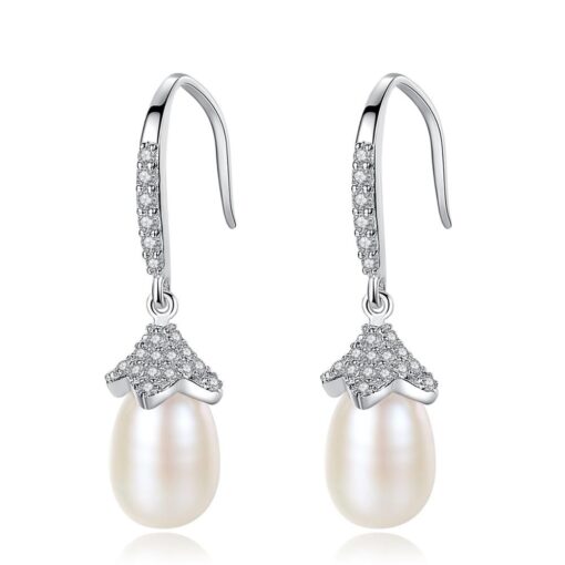 Fancy Flower Shaped S925 Silver Jewelry Freshwater Pearl Dangling Drop Earrings
