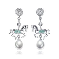 Wholesale Lovely Horse Shape Long Drop Earrings Paved Light-green Color CZ Stone With Freshwater Pearl Brand Earring