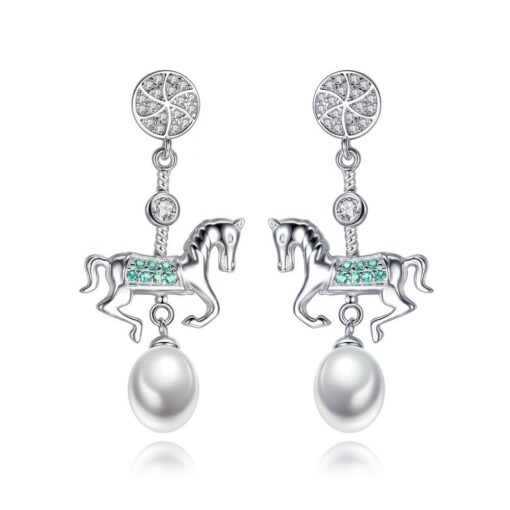 Wholesale Lovely Horse Shape Long Drop Earrings Paved Light-green Color CZ Stone With Freshwater Pearl Brand Earring