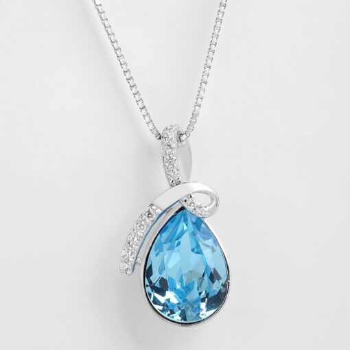 Wholesale 925 Sterling Silver Blue Waterdrop Austria Crystal Pendant Necklace 2