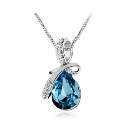 Wholesale 925 Sterling Silver Blue Waterdrop Austria Crystal Pendant Necklace