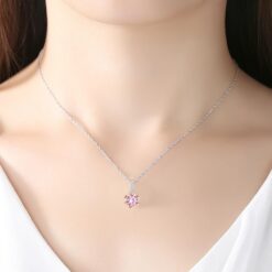Wholesale Pink Cubic Zirconia Flower Necklace Silver 2