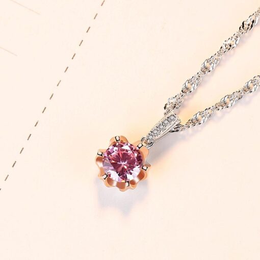 Wholesale Pink Cubic Zirconia Flower Necklace Silver 4