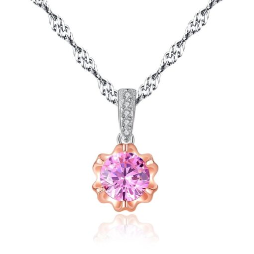 Wholesale Pink Cubic Zirconia Flower Necklace Silver