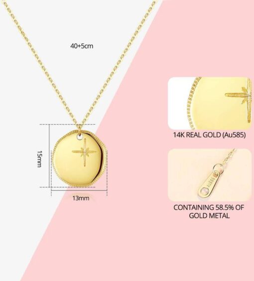 14K Gold Filled Simple Coin Pendant Necklace Inlaid with Cross Designs 1