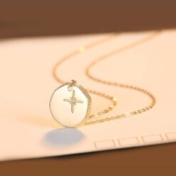 14K Gold Filled Simple Coin Pendant Necklace Inlaid with Cross Designs 5