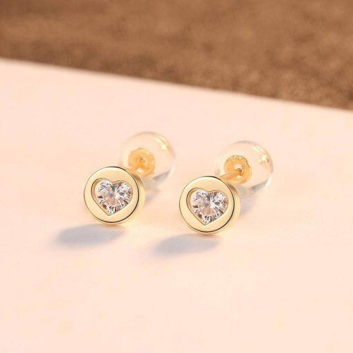 14K Gold Stud Earrings with Heart Shape CZ 2
