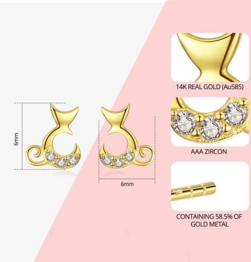14K Solid Gold Cute Cat Earrings for Girls 5