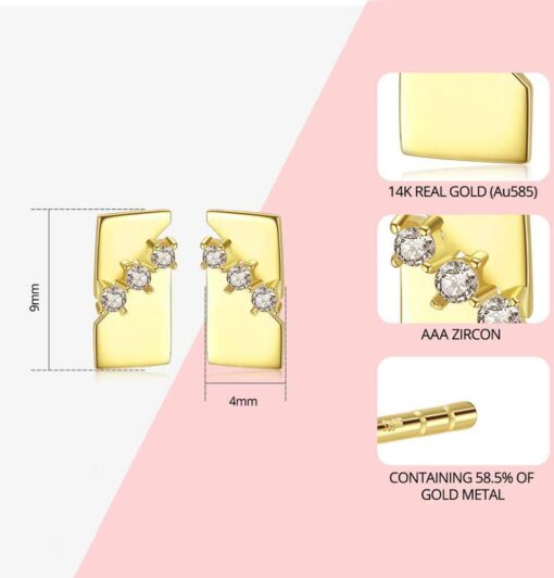 14K Solid Gold Stud Earrings with Square CZ Stone 1