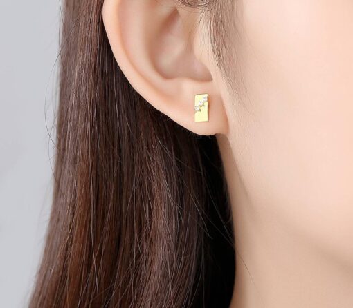 14K Solid Gold Stud Earrings with Square CZ Stone 2