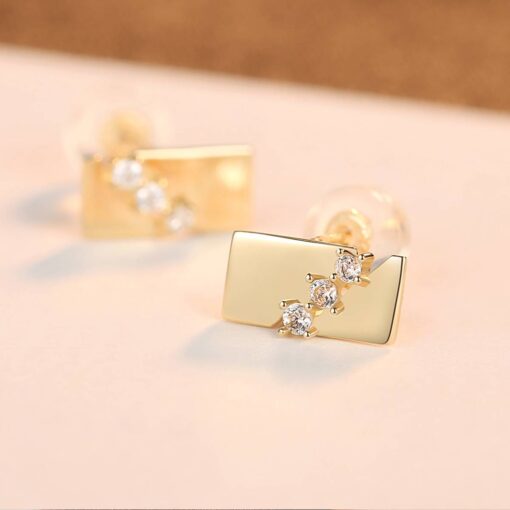 14K Solid Gold Stud Earrings with Square CZ Stone 3