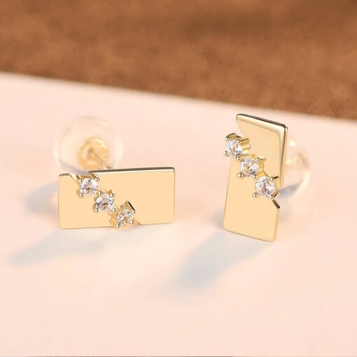 14K Solid Gold Stud Earrings with Square CZ Stone 4