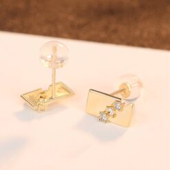 14K Solid Gold Stud Earrings with Square CZ Stone 5