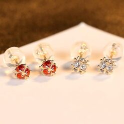 Ball Shape 14K Solid Gold Earrings with Red and White CZ 1