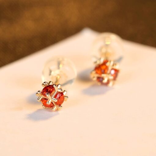 Ball Shape 14K Solid Gold Earrings with Red and White CZ 2