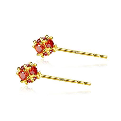 Ball Shape 14K Solid Gold Earrings with Red and White CZ
