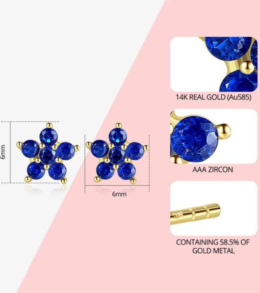 Flower 14K Gold Stud Earrings with Sapphire Round Stone 1