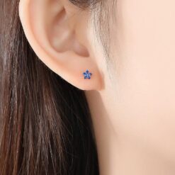 Flower 14K Gold Stud Earrings with Sapphire Round Stone 2