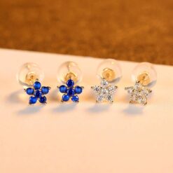 Flower 14K Gold Stud Earrings with Sapphire Round Stone 3