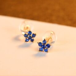 Flower 14K Gold Stud Earrings with Sapphire Round Stone 4