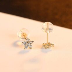 Flower 14K Gold Stud Earrings with Sapphire Round Stone 5