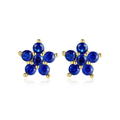 Flower 14K Gold Stud Earrings with Sapphire Round Stone