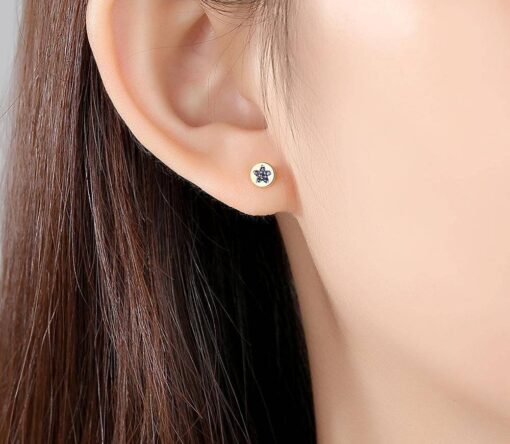 Moon and Star 585 Solid Gold Stud Earrings with Blue Zircon 14K 2