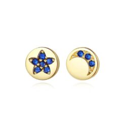 Moon and Star 585 Solid Gold Stud Earrings with Blue Zircon 14K