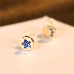 Moon and Star 585 Solid Gold Stud Earrings with Blue Zircon 14K 5