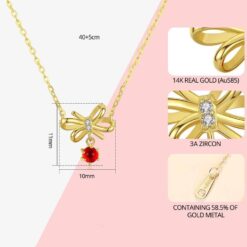 Red Stone Elegant 14K Gold Necklace with Bowknot Pendant 1