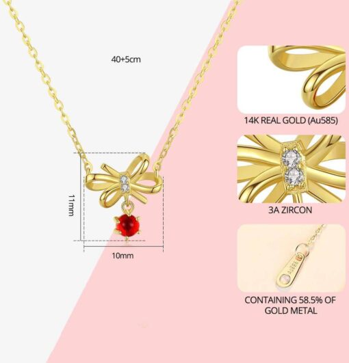 Red Stone Elegant 14K Gold Necklace with Bowknot Pendant 1
