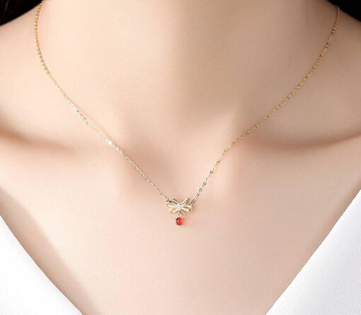 Red Stone Elegant 14K Gold Necklace with Bowknot Pendant 2