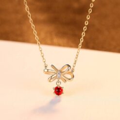 Red Stone Elegant 14K Gold Necklace with Bowknot Pendant 3