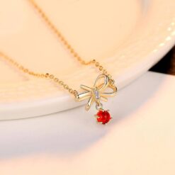 Red Stone Elegant 14K Gold Necklace with Bowknot Pendant 4
