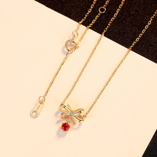 Red Stone Elegant 14K Gold Necklace with Bowknot Pendant 5