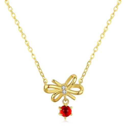 Red Stone Elegant 14K Gold Necklace with Bowknot Pendant