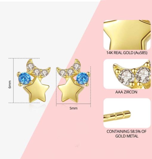 Sea Blue Cubic Zirconia Star Earrings for Girls 14K Solid Gold 1