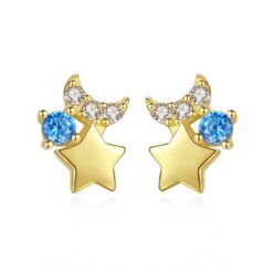 Sea Blue Cubic Zirconia Star Earrings for Girls 14K Solid Gold