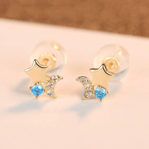 Sea Blue Cubic Zirconia Star Earrings for Girls 14K Solid Gold 3