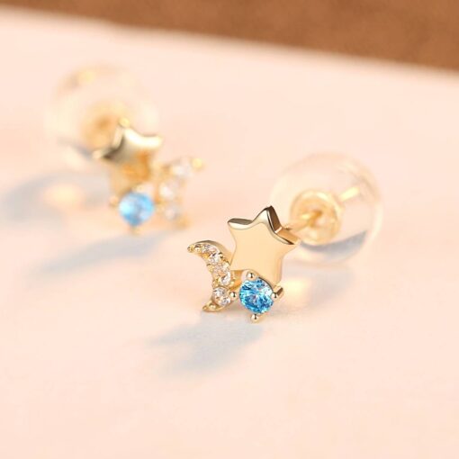 Sea Blue Cubic Zirconia Star Earrings for Girls 14K Solid Gold 4