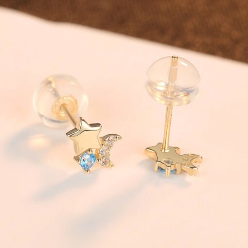Sea Blue Cubic Zirconia Star Earrings for Girls 14K Solid Gold 5