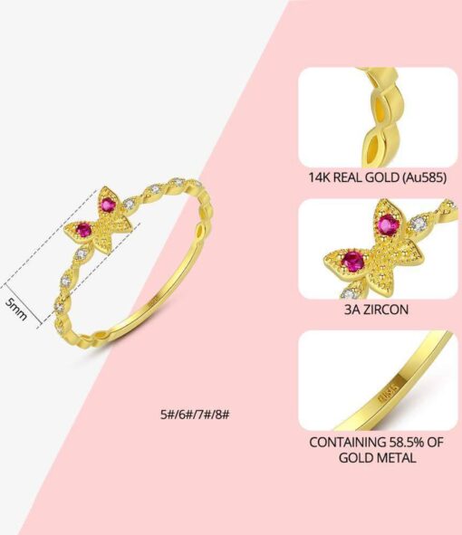 Trendy 14 K Solid Gold Butterfly Ring with 3A Zirconia 1
